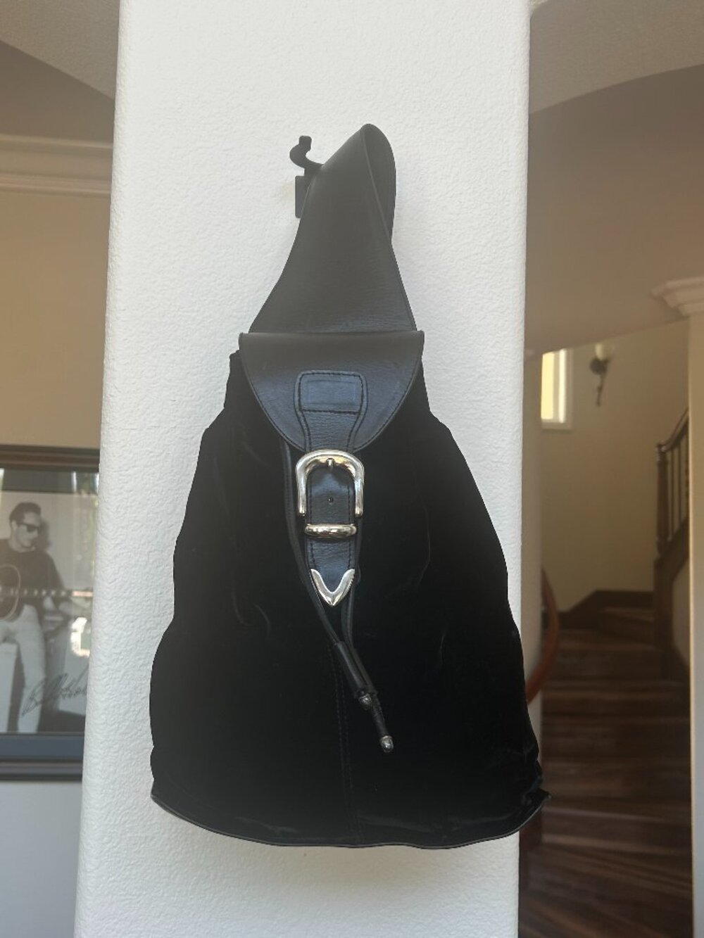 Vintage Donald Pliner black velvet and brown leather cross body satchel